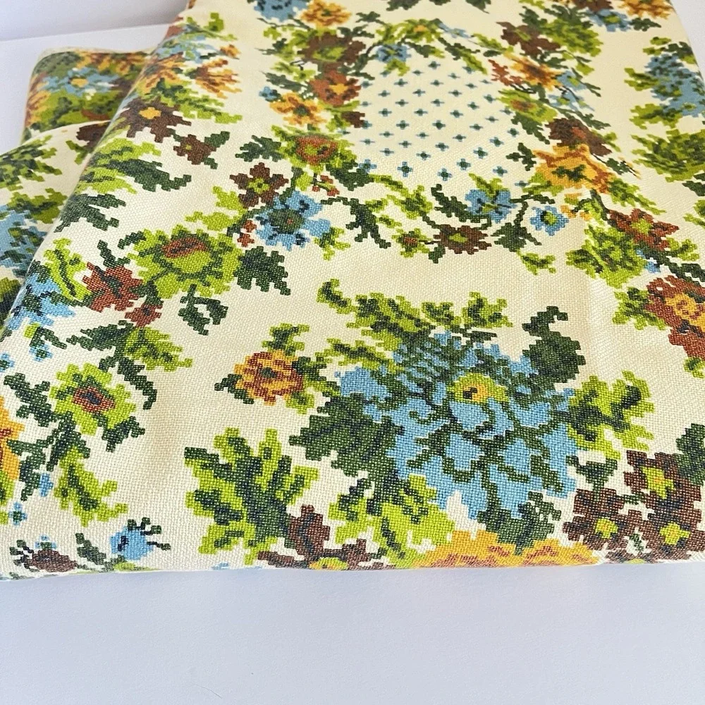 Vintage 70s colorful faux cross stitch floral fabric tablecloth retro 58x98